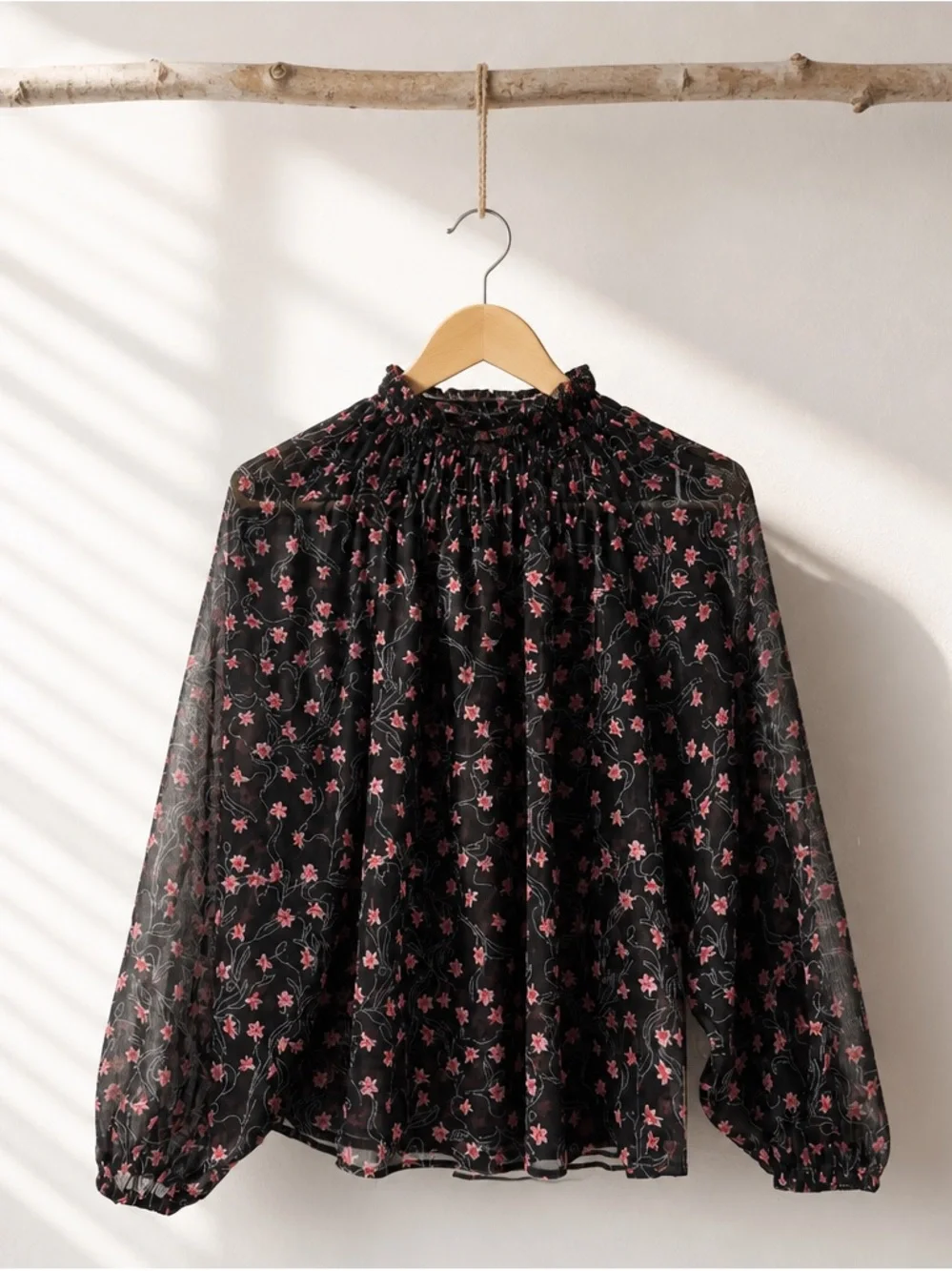 Elizabeth & James Smocked Sheer Floral Blouse with Pink Accent